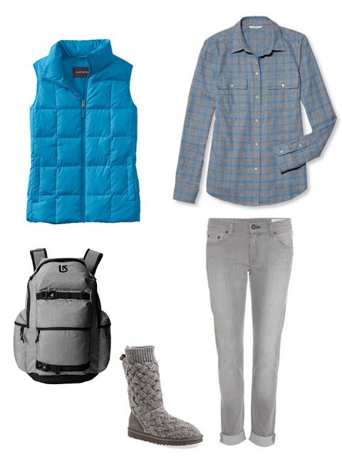 outfit with a bright blue down vest, plaid flannel shirt and grey jeans