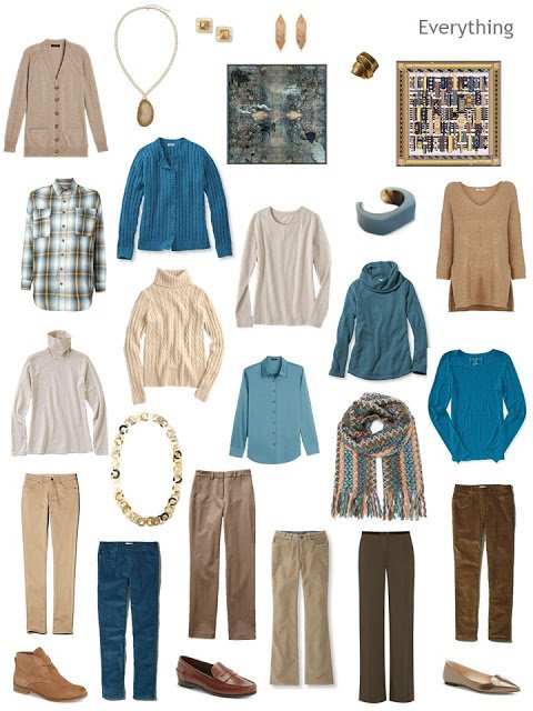 a 16-piece wardrobe in teal and shades of brown, along with shoes, scarves and jewelry