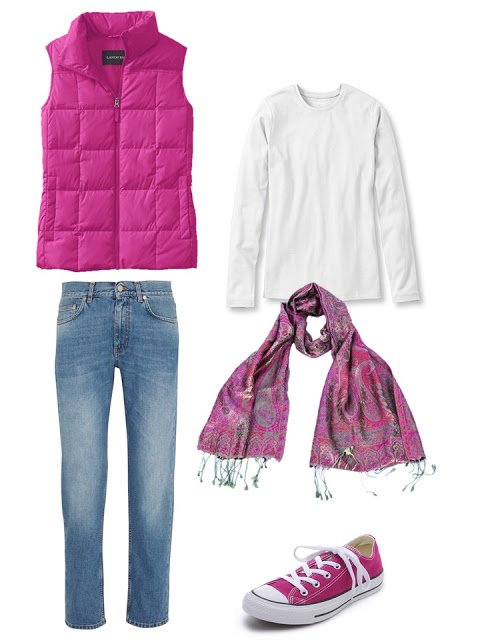 outfit with a hot pink down vest, white tee shirt and blue jeans