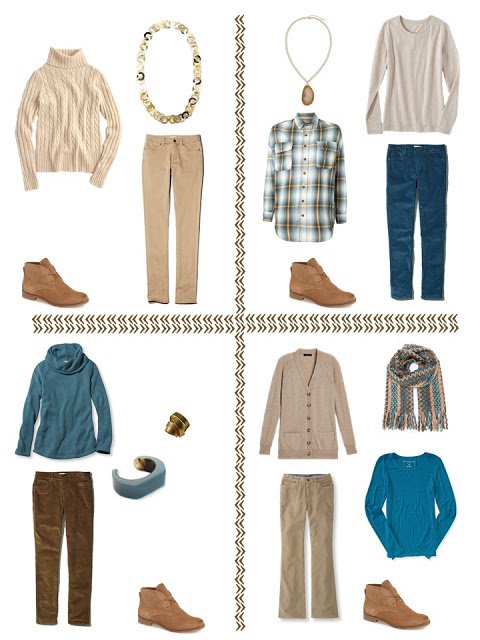 4 outfits in teal and shades of brown