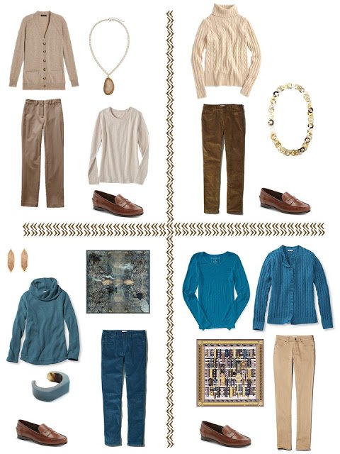 4 outfits in teal and shades of brown