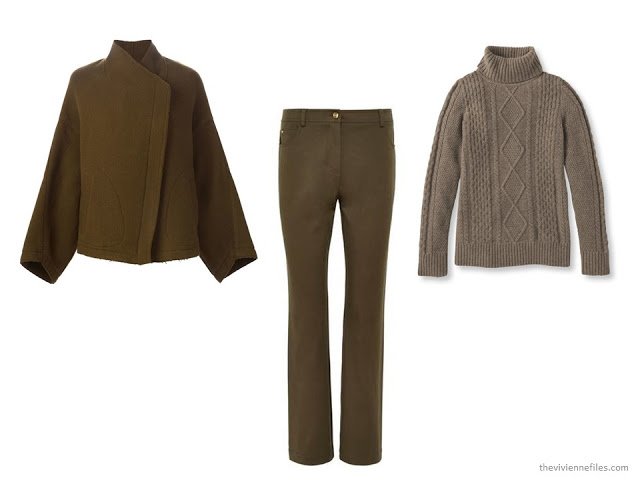 three brown cold-weather garments: jacket, jeans and turtleneck sweater