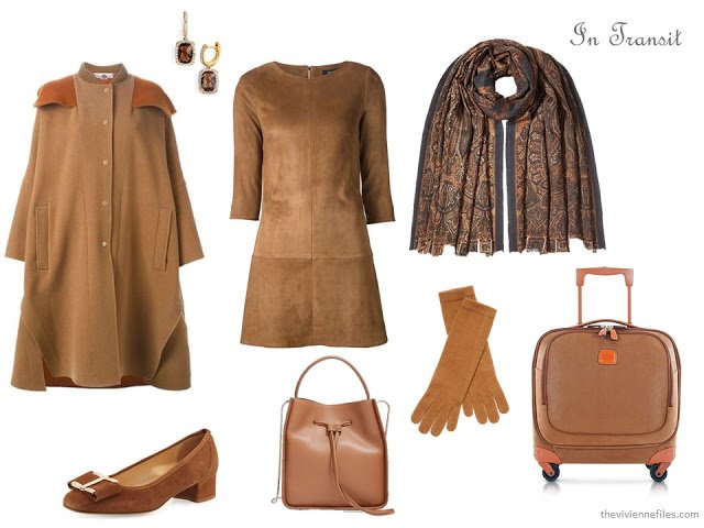 A luxurious, expensive camel travel outfit for cold weather