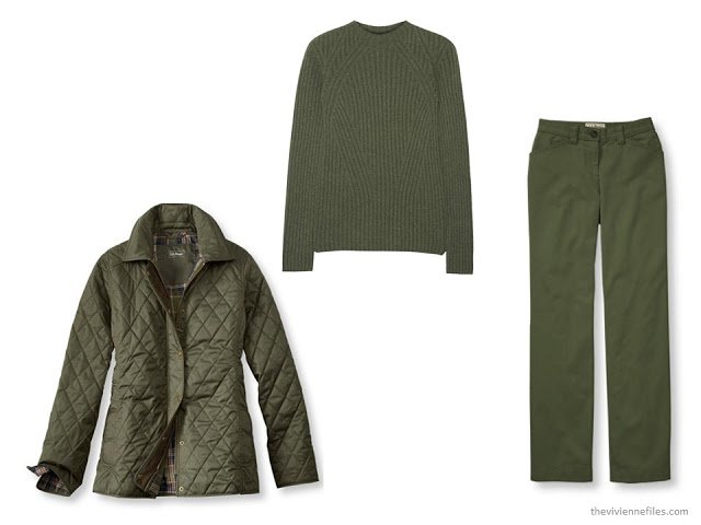 three green cold-weather garments: jacket, sweater and twill pants