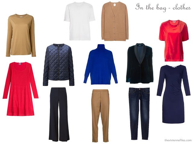 navy, camel, red and white capsule wardrobe for cold weather city travel