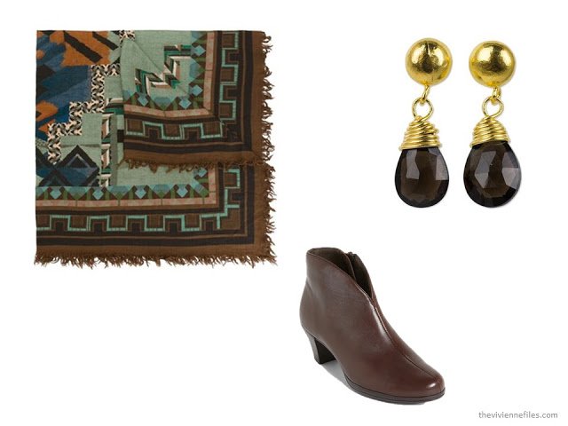 brown accessories: Etro geometric print scarf, Munro short boots, and Khun Boom smoky topaz earrings