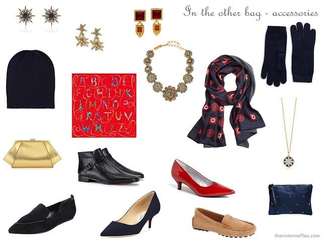 navy, camel, red and gold accessories for cold weather