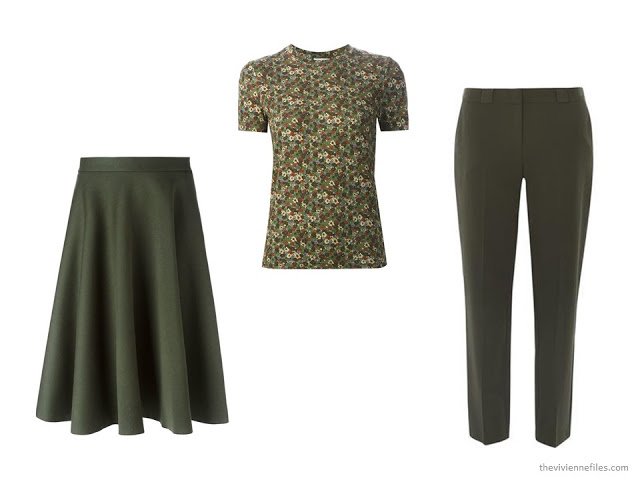 three green garments: P.A.R.O.S.H. skirt, Sonia Rykiel tee and Dorothy Perkins pants