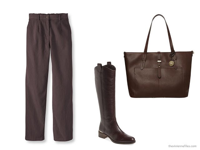 brown items for your wardrobe: L.L.Bean corduroy pants, Louise et Cie riding boots, and Fiorelli tote bag