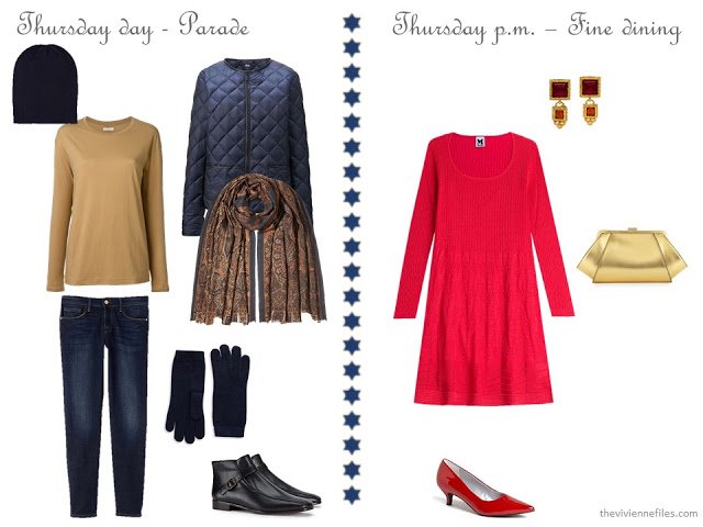 navy and camel casual outfit, red sweater dress with dressy accessories