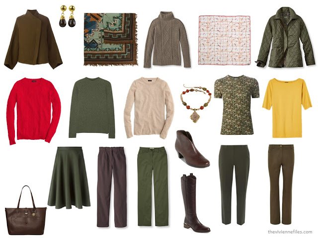 13-Piece "Whatever's Clean" travel capsule wardrobe for cool weather, in brown and green with red and yellow accents