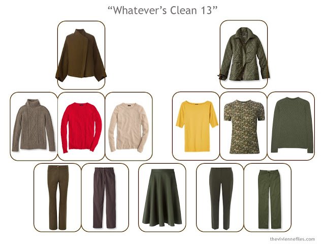 A "Whatever's Clean 13" wardrobe for cool weather, in brown and green with accents of red and yellow
