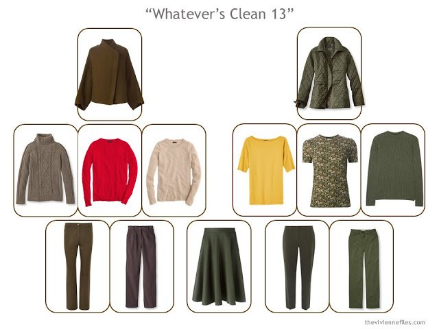 A "Whatever's Clean 13" wardrobe for cool weather, in brown and green with accents of red and yellow