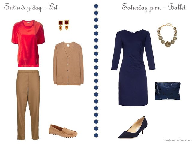 camel pants and cardigan with a red tee, navy dress with star accessories