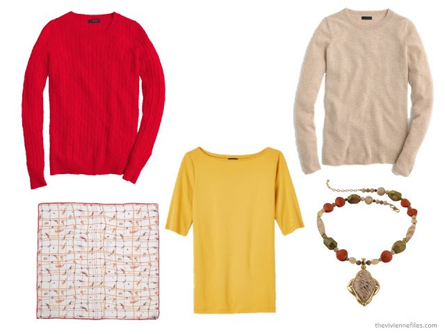 three tops in autumn accent colors of red, gold and beige, with coordinating scarf and necklace
