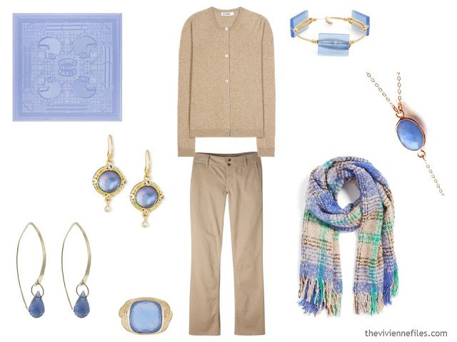 How to wear Pantone Color of the year 2016 Serenity with beige or camel clothes.