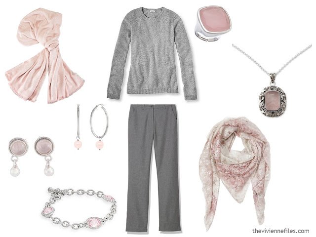 How to wear Pantone Color of the year 2016 Rose Quartz with gray clothes.