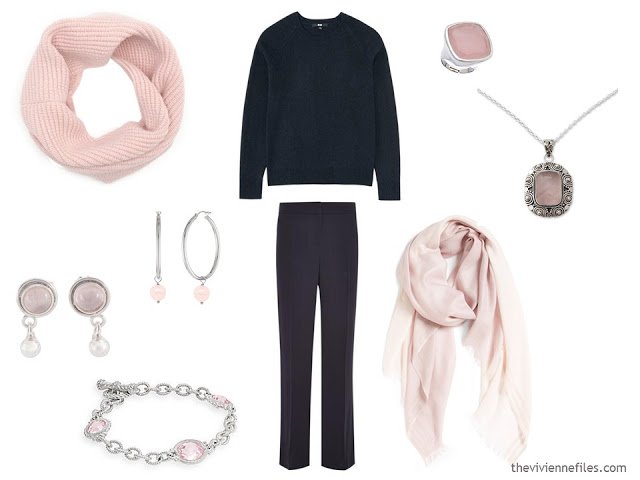 How to wear Pantone Color of the year 2016 Rose Quartz with a navy outfit.