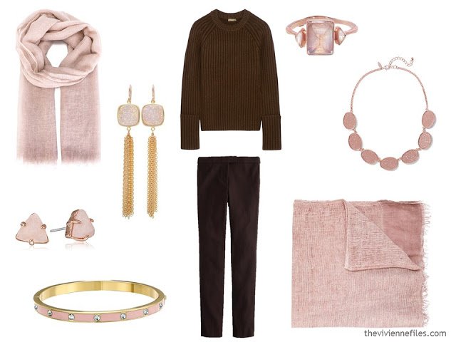 How to wear Pantone Color of the year 2016 Rose Quartz with brown clothes.