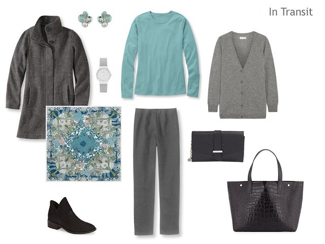 travel outfit in grey with soft teal accents