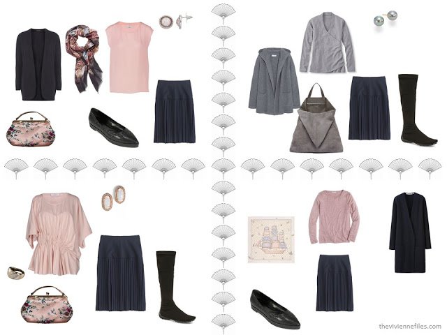 four outfits taken from a 16-piece travel capsule wardrobe in navy, grey, soft pink and light blue