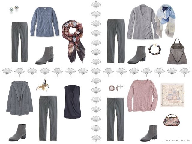 four outfits taken from a 16-piece travel capsule wardrobe in navy, grey, soft pink and light blue
