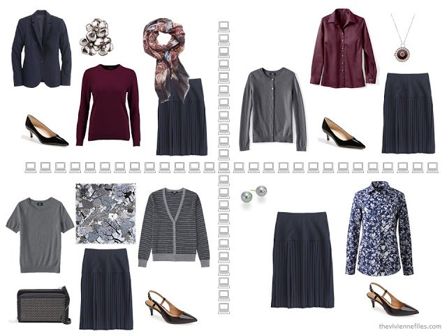Four business outfits based on a navy pleated skirt, from a capsule wardrobe of navy, grey and burgundy.