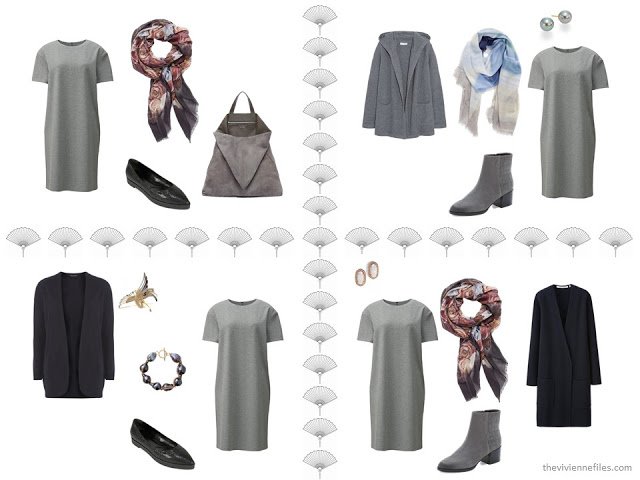 four outfits taken from a 16-piece travel capsule wardrobe in navy, grey, soft pink and light blue
