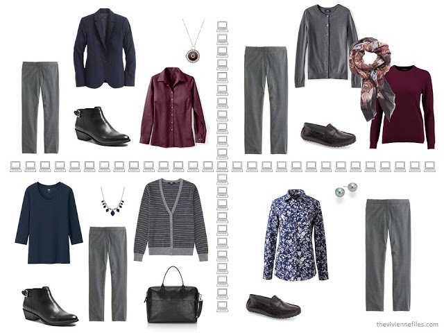 Four business outfits based on grey trousers, from a capsule wardrobe of navy, grey and burgundy.