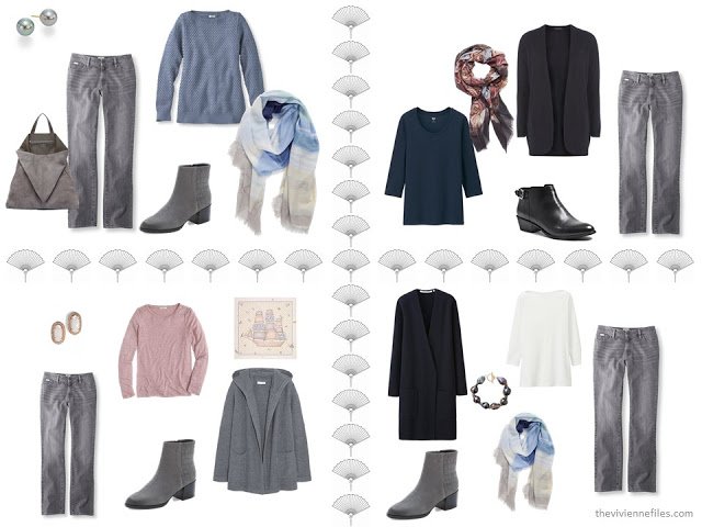 four outfits taken from a 16-piece travel capsule wardrobe in navy, grey, soft pink and light blue