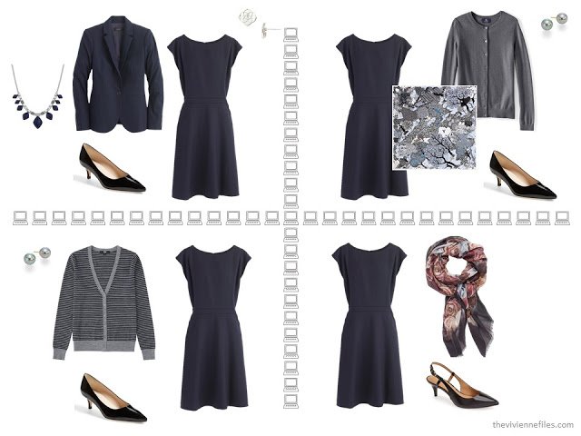 Four business outfits based on a navy dress, from a capsule wardrobe of navy, grey and burgundy.