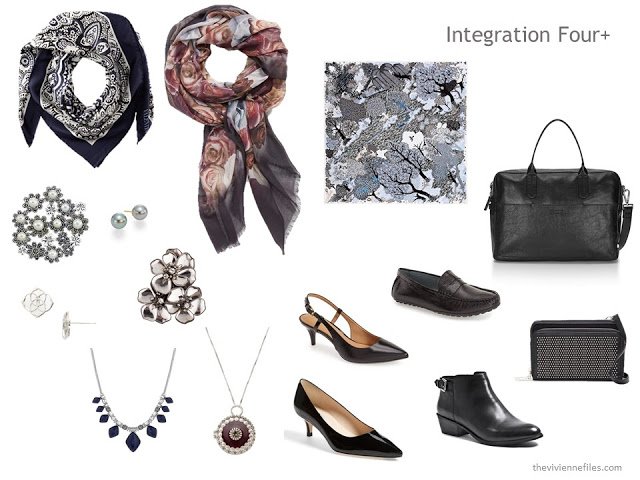 The Integration Four+ of scarves, jewelry, shoes and bags, which finish the capsule wardrobe in navy, grey and burgundy.