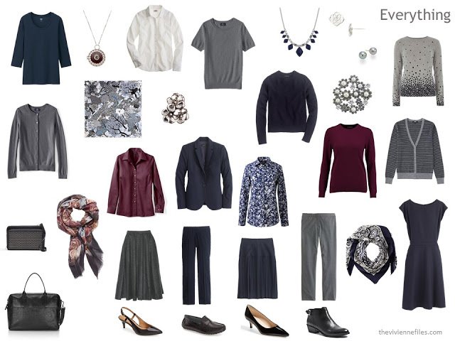 A travel wardrobe or capsule wardrobe in navy, grey and burgundy, for cold-weather business wear.