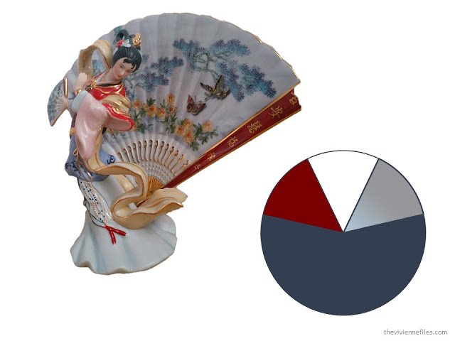 a porcelain figurine of a woman and a decorated fan, along with a color scheme drawn from the figurine