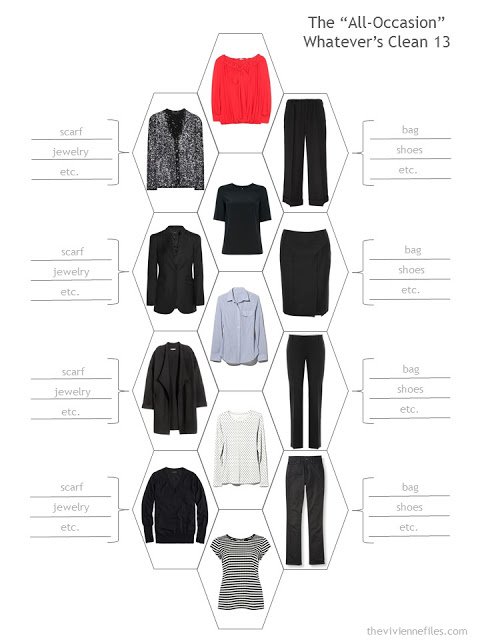 capsule wardrobe or travel wardrobe in black, for any occasion, based on the Whatever's Clean 13 template