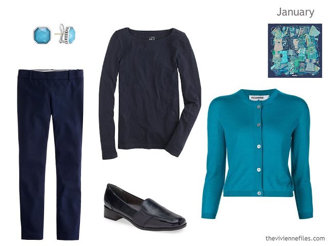 navy and turquoise outfit