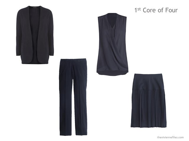 navy Core of Four with cardigan, draped sleeveless top, trousers and skirt