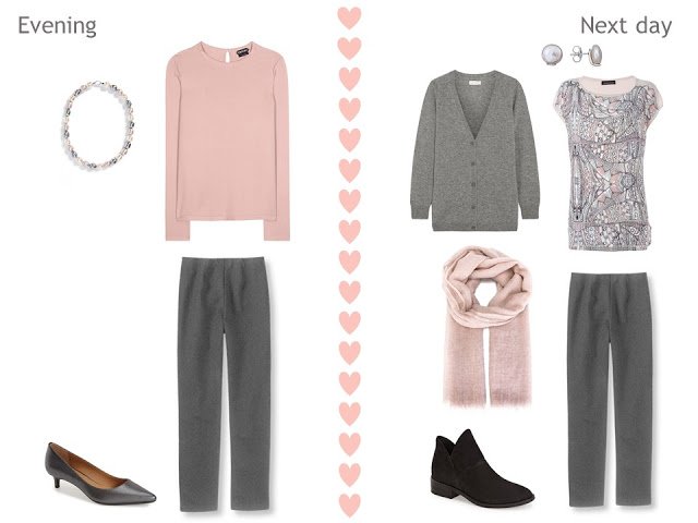 two outfits with grey pants, a blush pink top, and beautiful accessories