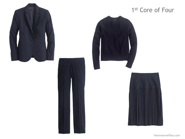 a Core of Four pieces of clothing in navy: blazer, trousers, sweater and skirt