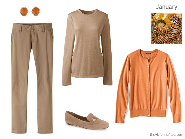 camel and orange outfit