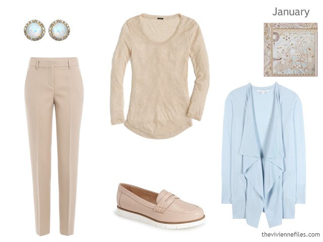 beige and light blue outfit