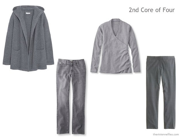 Grey Core of Four with a hooded cardigan, wrap tee shirt, jeans and trousers