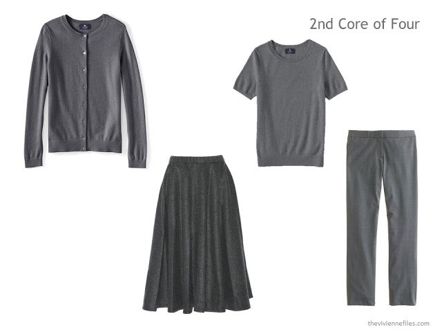 A Core of Four garments in grey: a cashmere twinset of cardigan and shell, a skirt and trousers