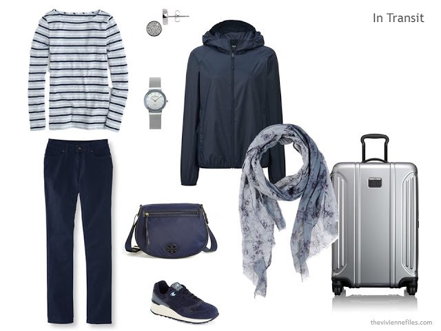 travel outfit of jeans, striped tee, navy jacket, and accessories