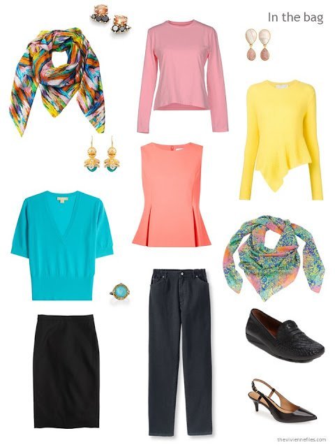 travel capsule wardrobe in black, turquoise, and yellow