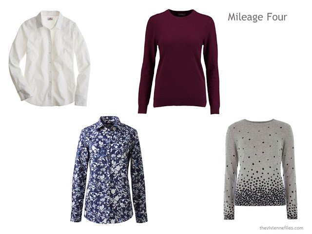 The Mileage Four of four tops - blouses, sweaters or shirts. These are in white, accent burgundy, floral and dots.