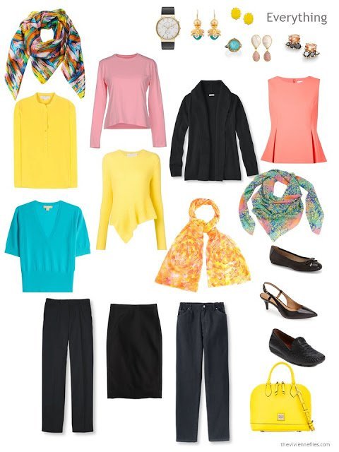 a travel capsule wardrobe in black with yellow, turquoise and coral