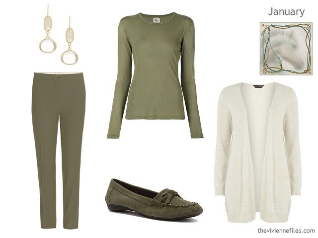 olive green and off-white outfit