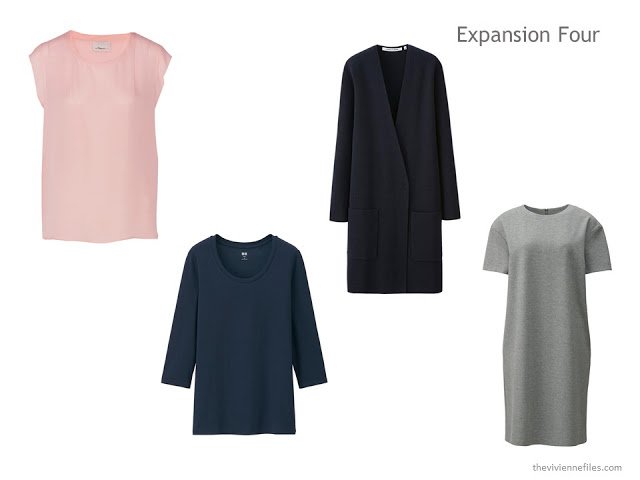 an Expansion Four with a blush blouse, navy tee and cardigan, and grey dress