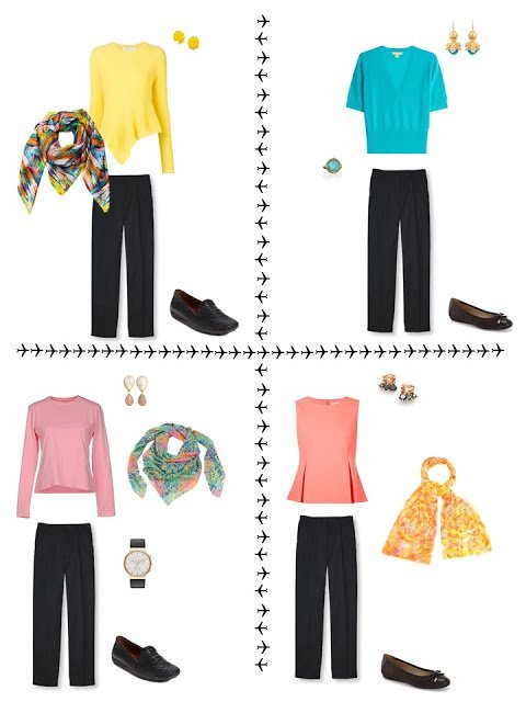 4 outfits from a travel capsule wardrobe in black, coral, yellow and turquoise